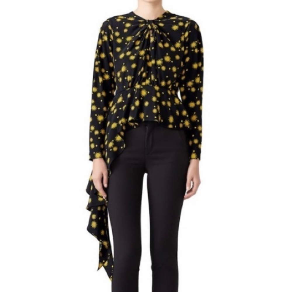 Delfi Collection Size Small Fallon Asymmetrical Top Black Yellow Sun Print